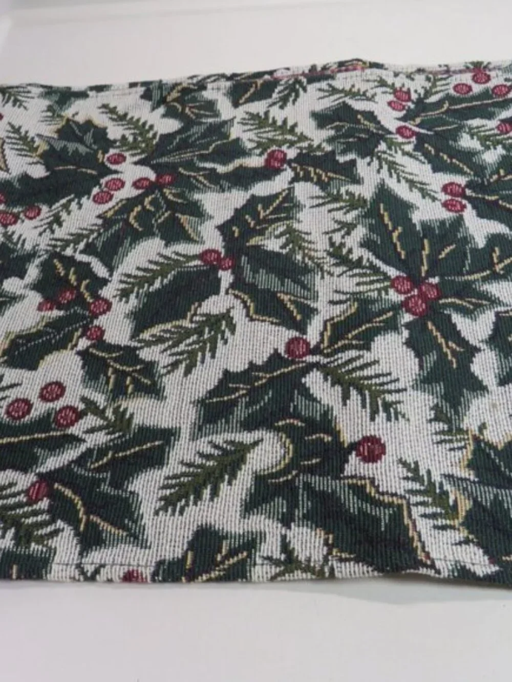 Vintage Victorian Holly Tapestry Table Runner Dark Forest Green Tassels 68x12